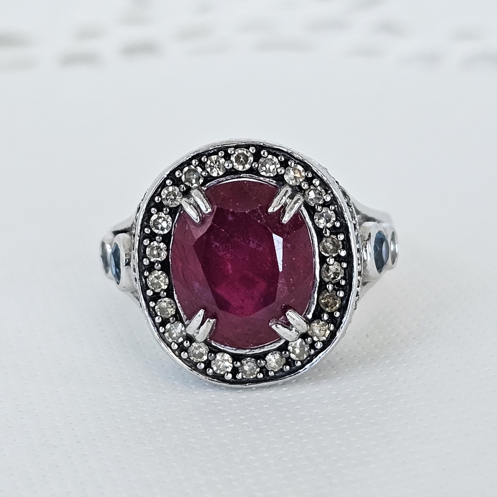 Genuine Rarities Carol Brodie Ruby, Champagne Diamonds & Blue Topaz Sz 7.75
